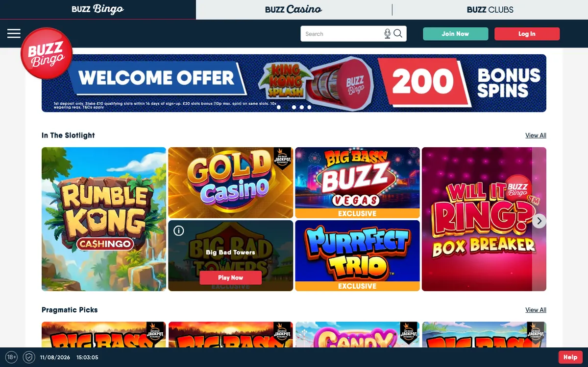 Buzz Bingo Casino — «Главная», снято из страны Великобритания