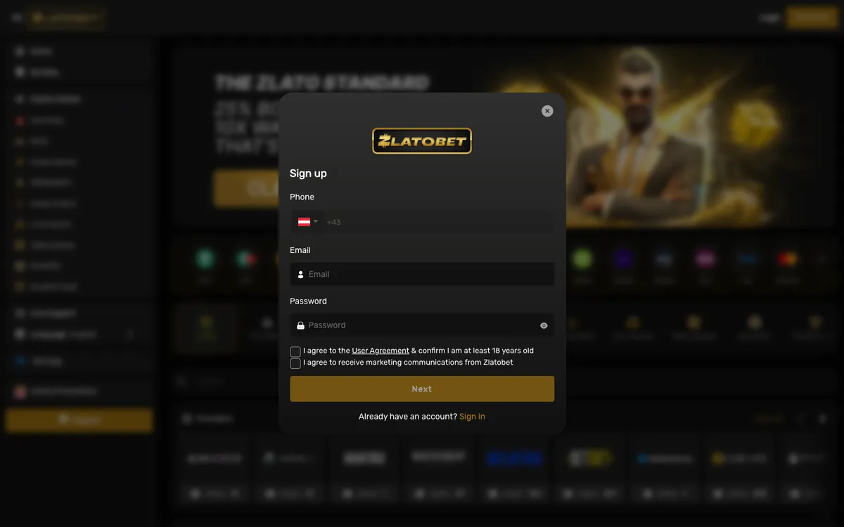 ZlatoBet Casino — Sign-up, captured from Austria