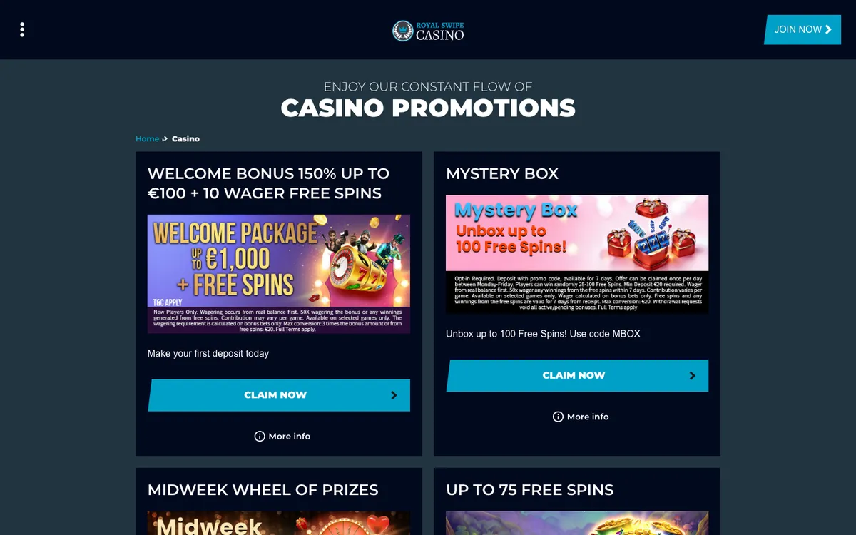 Royal Swipe Casino — Promotions, captured from New Zealand