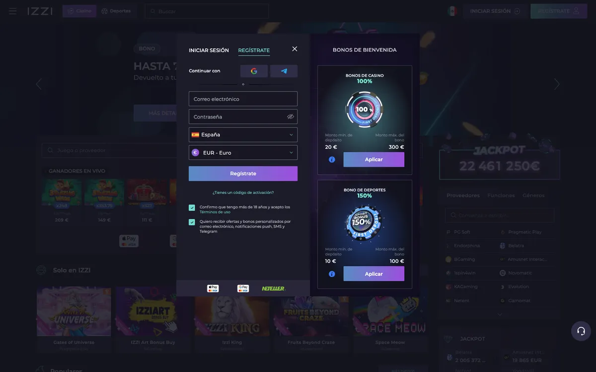 Izzi Casino — Home page, captured from Spain