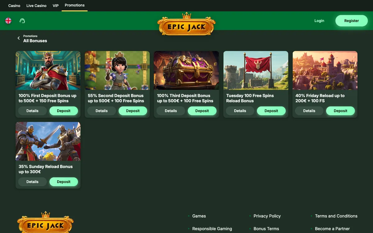 EpicJack Casino — «Акции», снято из страны Бельгия