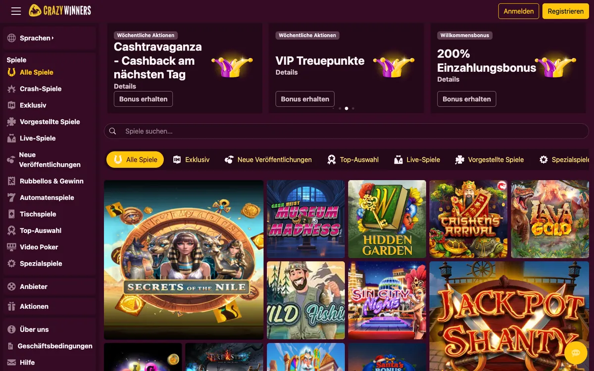 CrazyWinners Casino — «Главная», снято из страны Германия