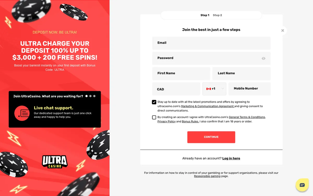UltraCasino — Sign-up, captured from Canada