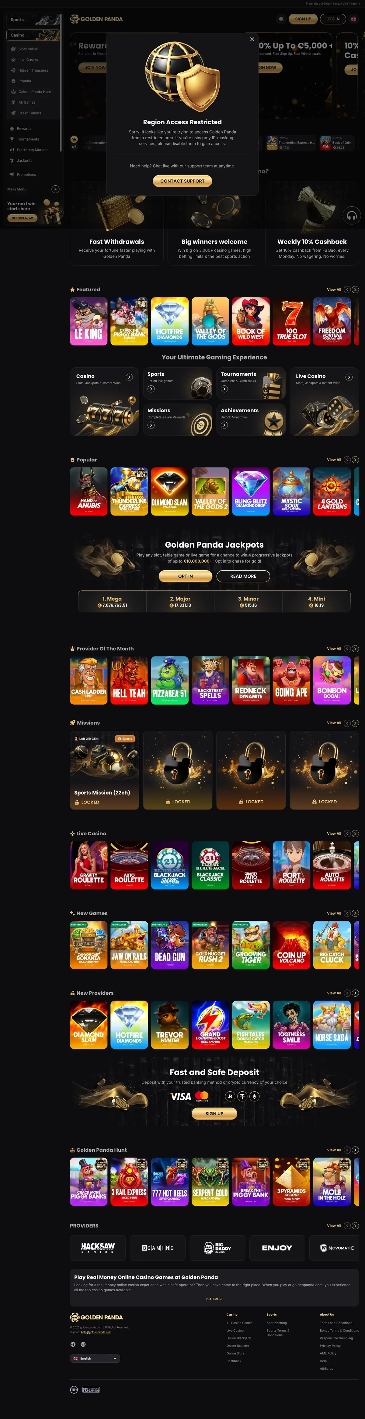 Golden Panda Casino — Home page, captured from Belgium