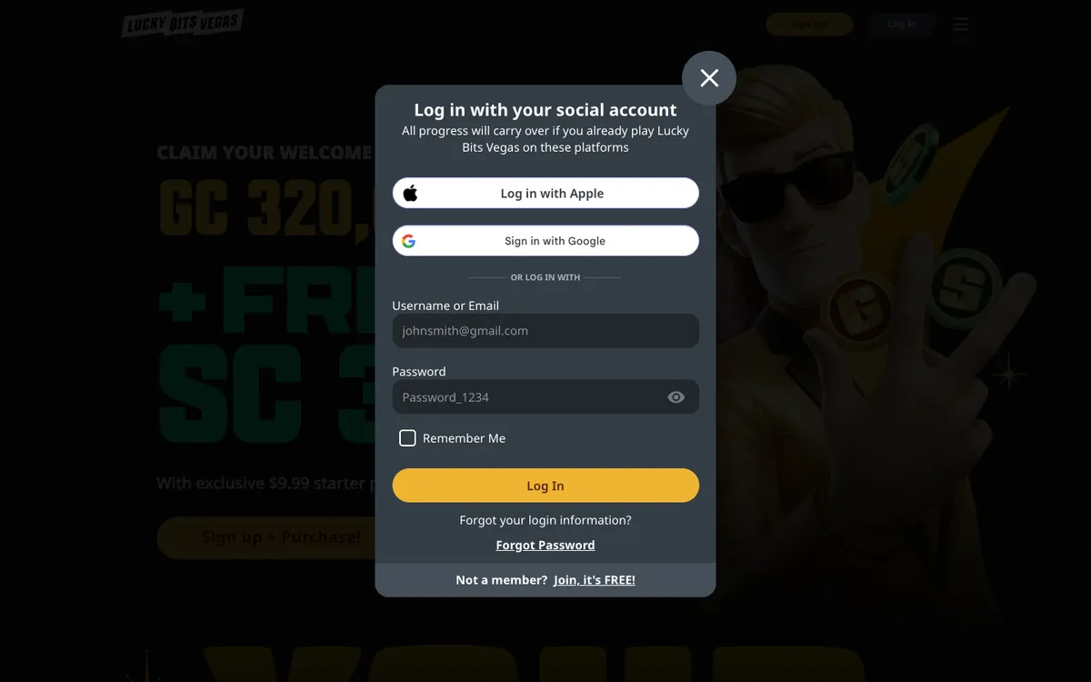 Lucky Bits Vegas Casino — Sign-up, captured from United States