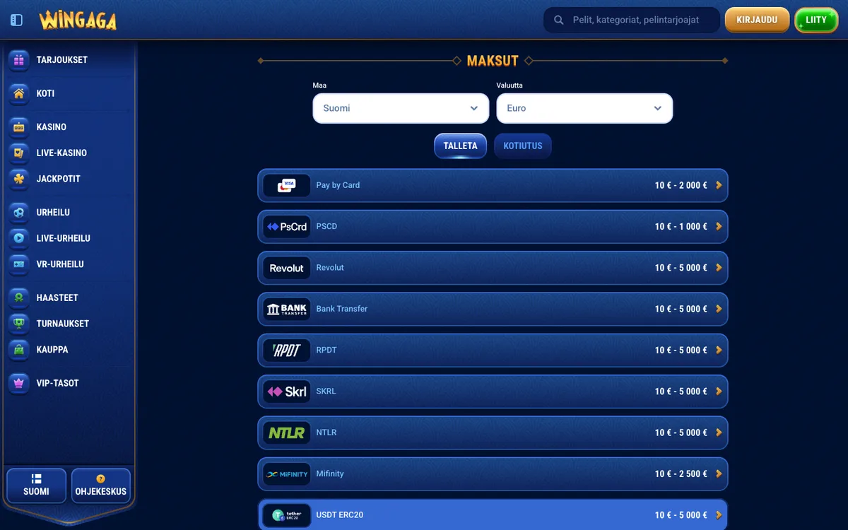 WinGaga Casino — «Платежи», снято из страны Финляндия