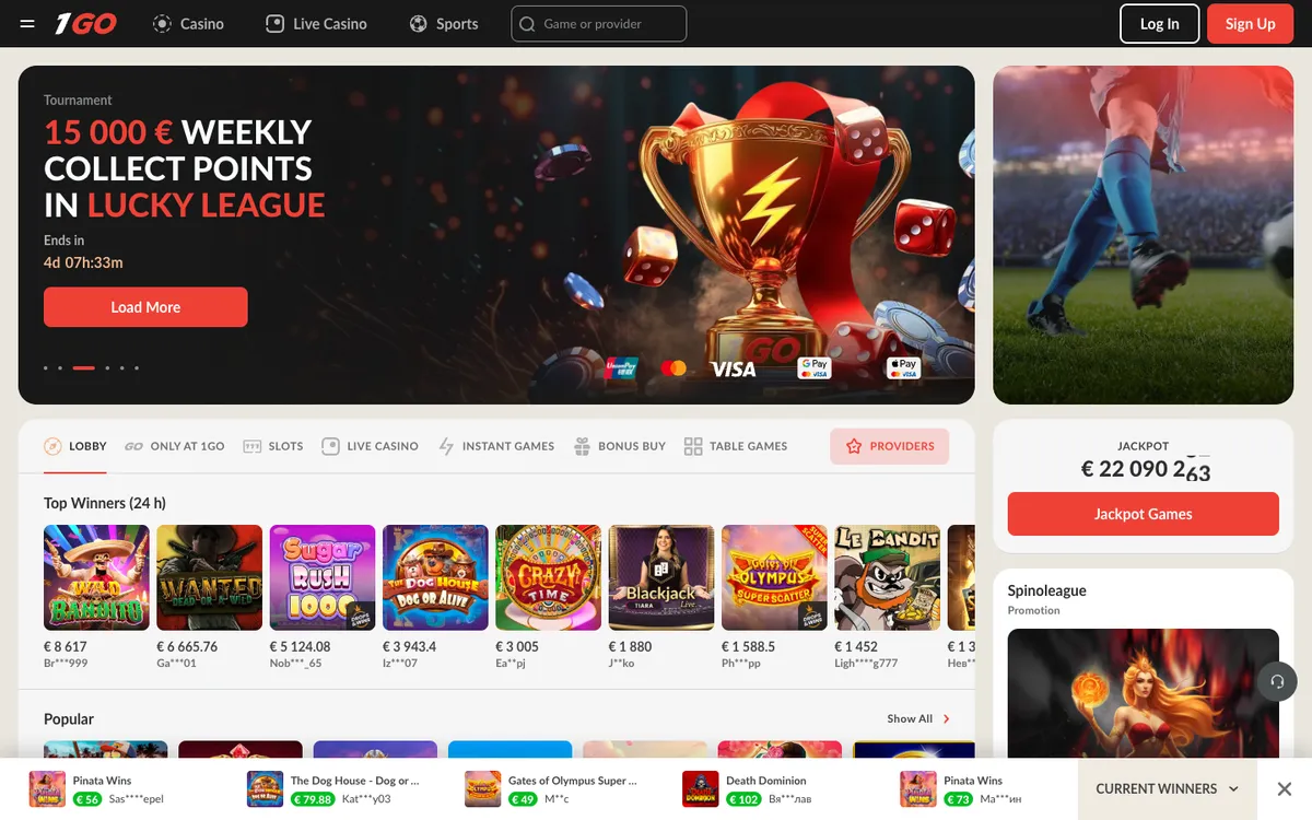 1Go Casino — Home page, captured from Belgium