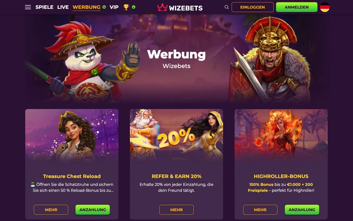 Wizebets Casino — Promotions, captured from Austria