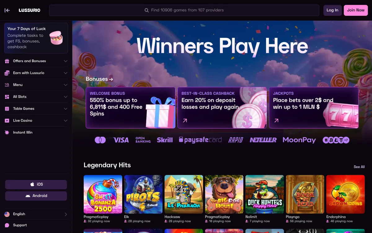 Lussurio Casino — Home page, captured from New Zealand