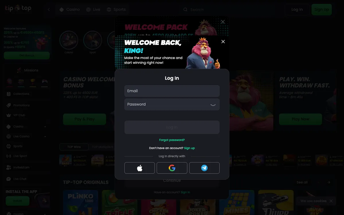 Tip-Top.bet Casino — Sign-up, captured from Czechia