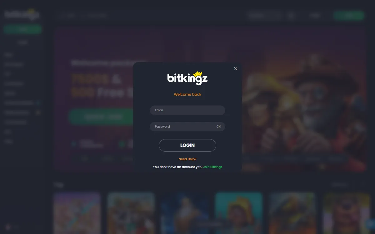 Bitkingz Casino — Sign-up, captured from Canada