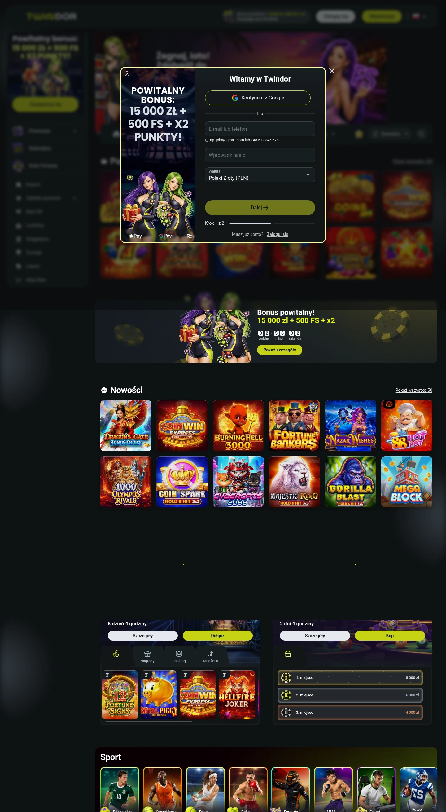 Twindor Casino — Sign-up, captured from Poland
