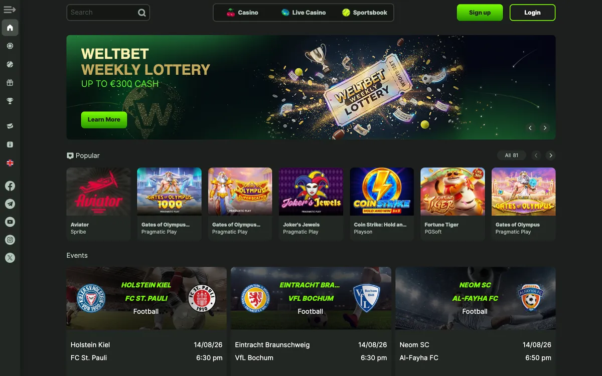 WeltBet Casino — Home page, captured from Canada