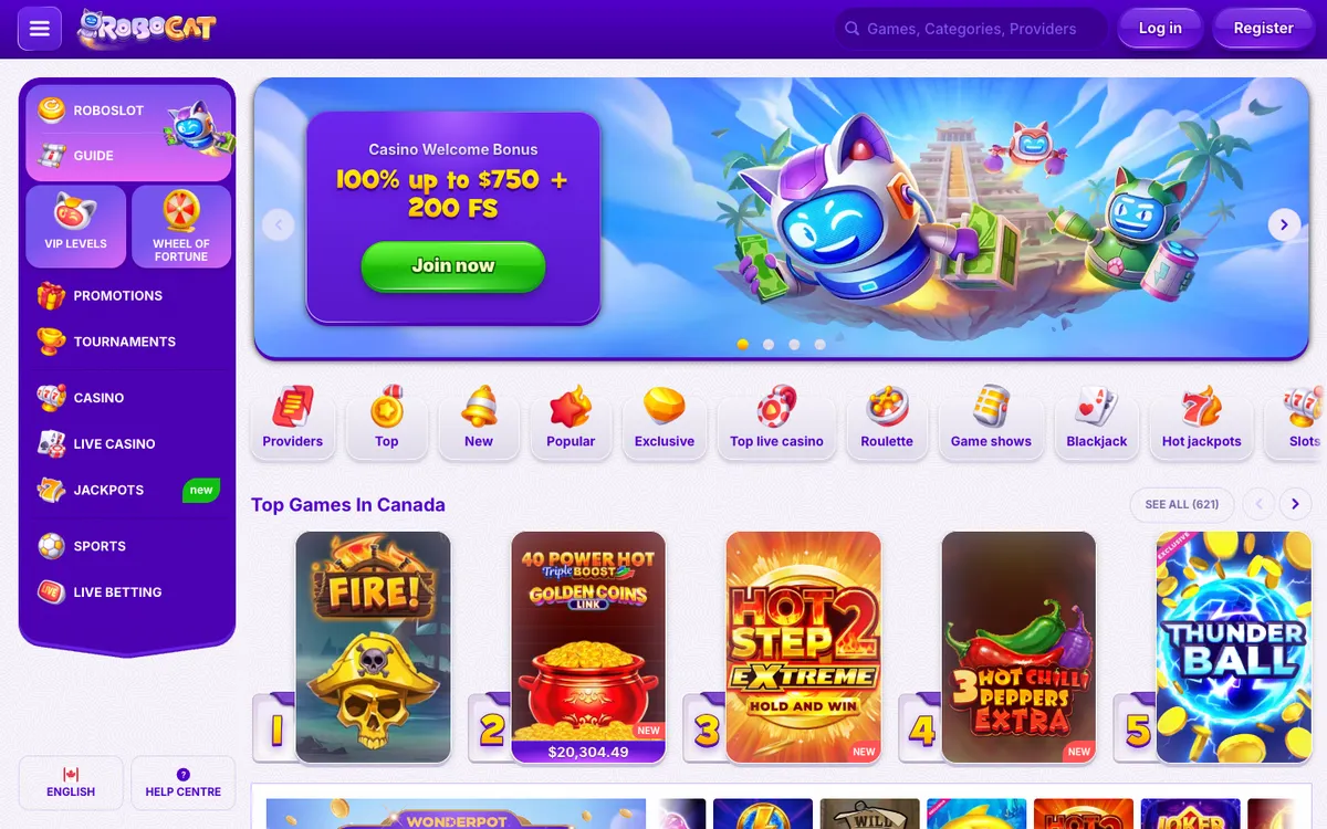 RoboCat Casino — Home page, captured from Canada