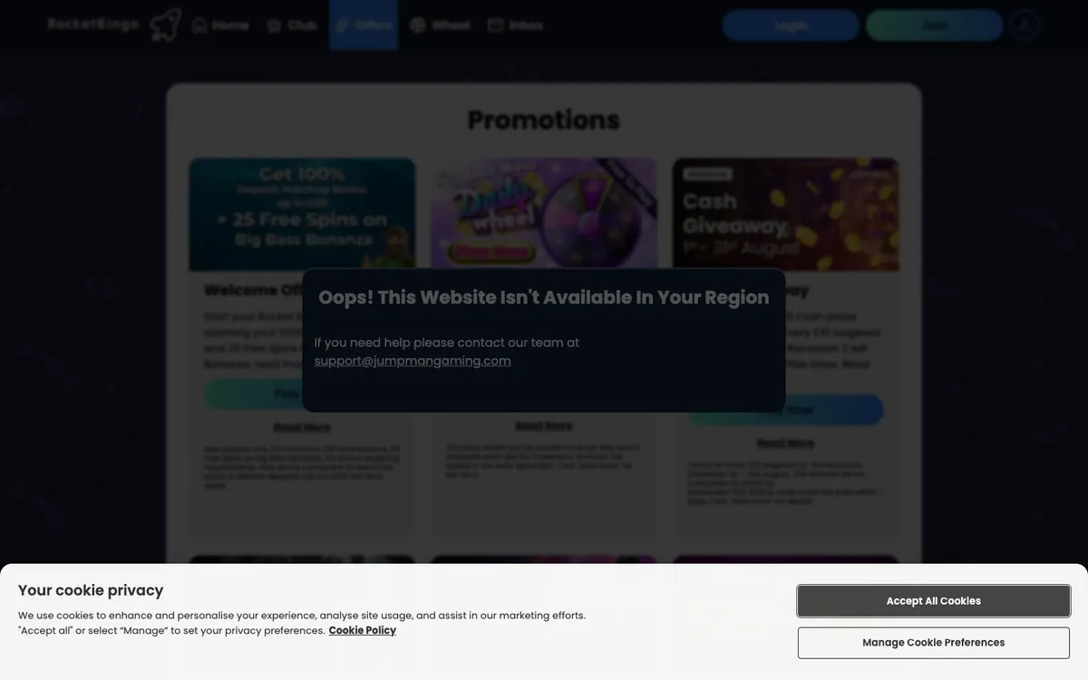 Rocket Bingo Casino — Promotions, captured from Austria
