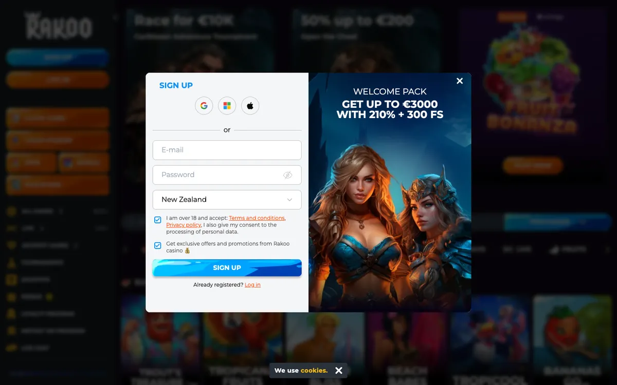 Rakoo Casino — Sign-up, captured from New Zealand