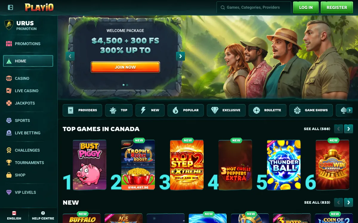 Playio Casino — Home page, captured from Canada
