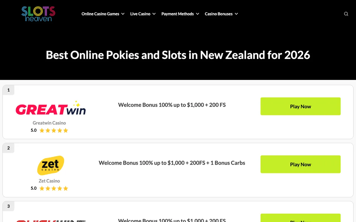 Slots Heaven Casino — Home page, captured from New Zealand