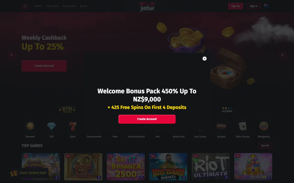 JettBet Casino — Home page, captured from New Zealand