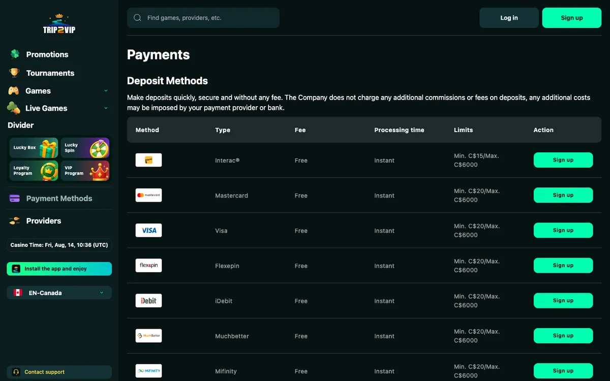 Trip2Vip Casino — «Платежи», снято из страны Канада
