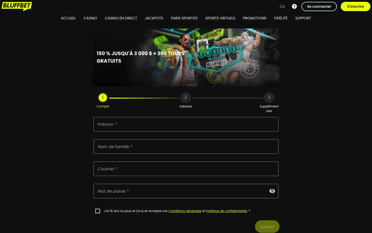 Bluffbet Casino — Sign-up, captured from Canada