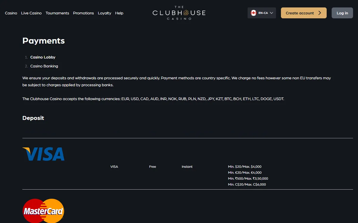 The ClubHouse Casino — Payments, captured from Canada