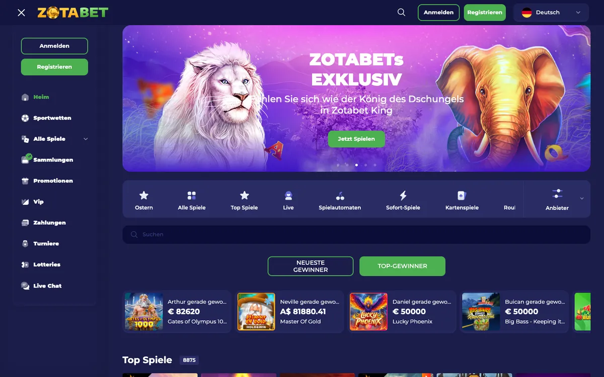 Zotabet Casino — Home page, captured from Germany