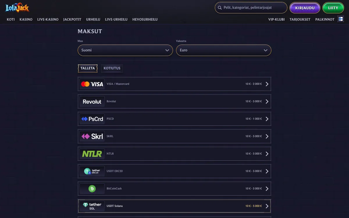 LolaJack Casino — Payments, captured from Finland