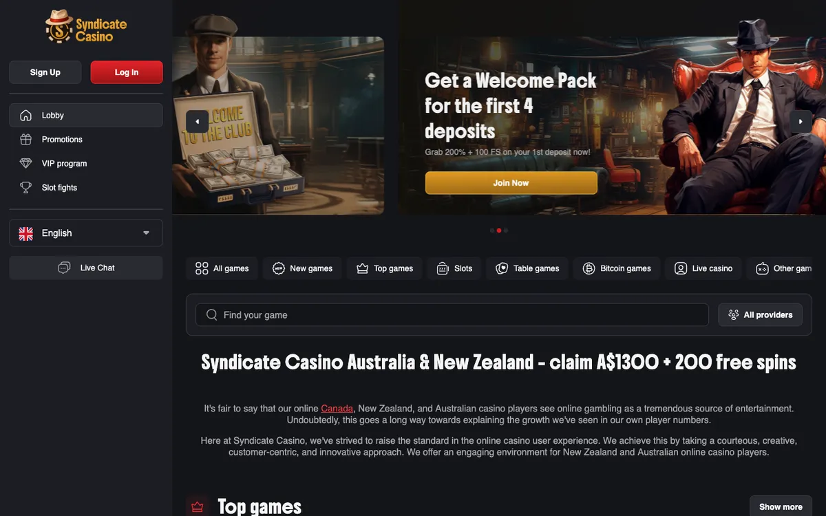 Syndicate Casino — Home page, captured from Australia