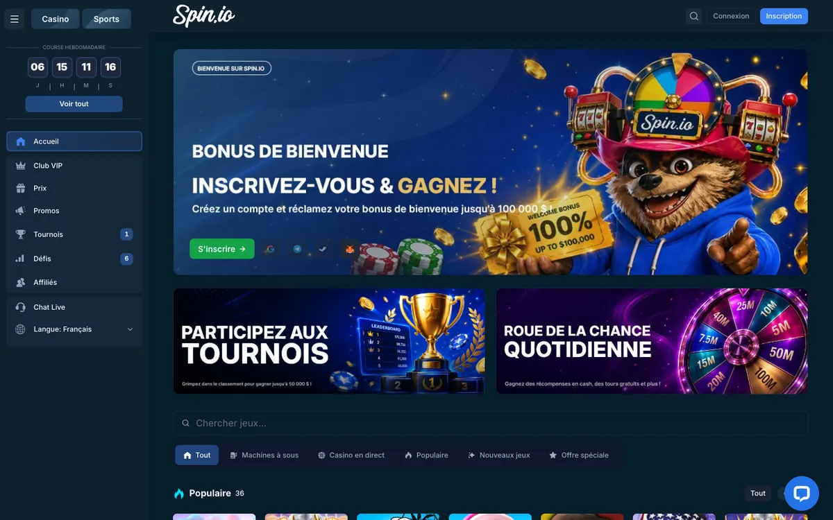 Spin.io Casino — «Главная», снято из страны Франция