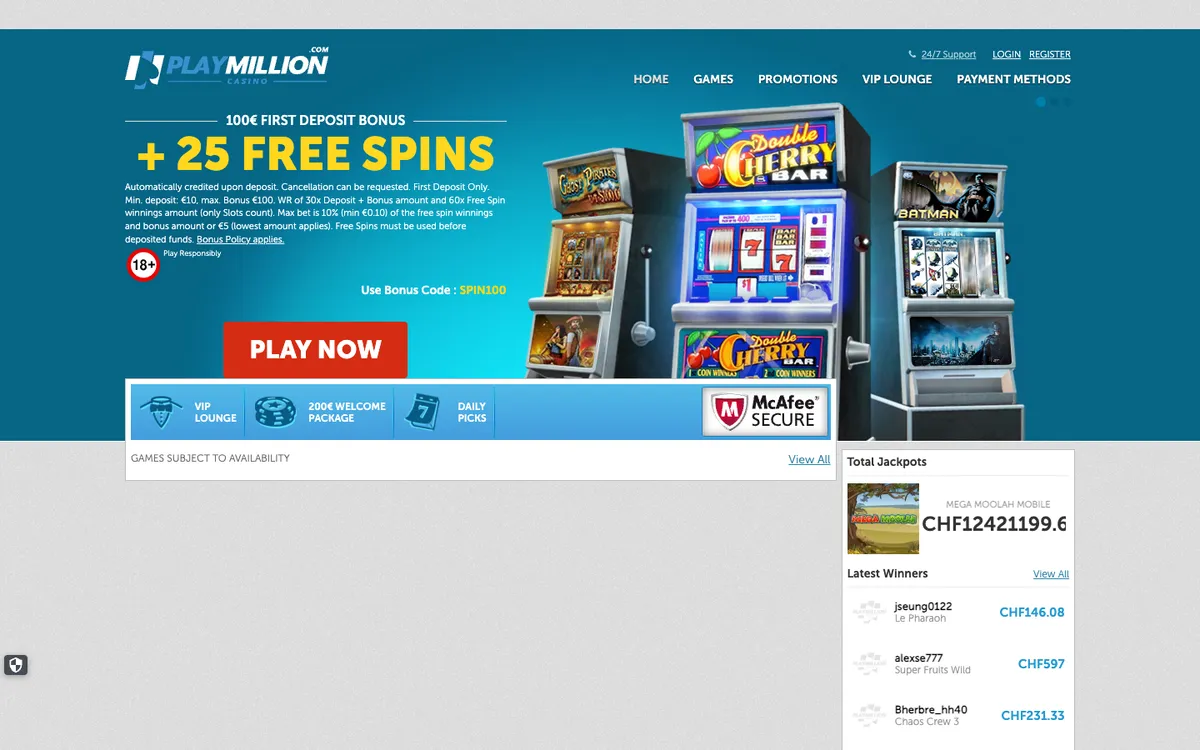 Play Million Casino — Home page, captured from Switzerland