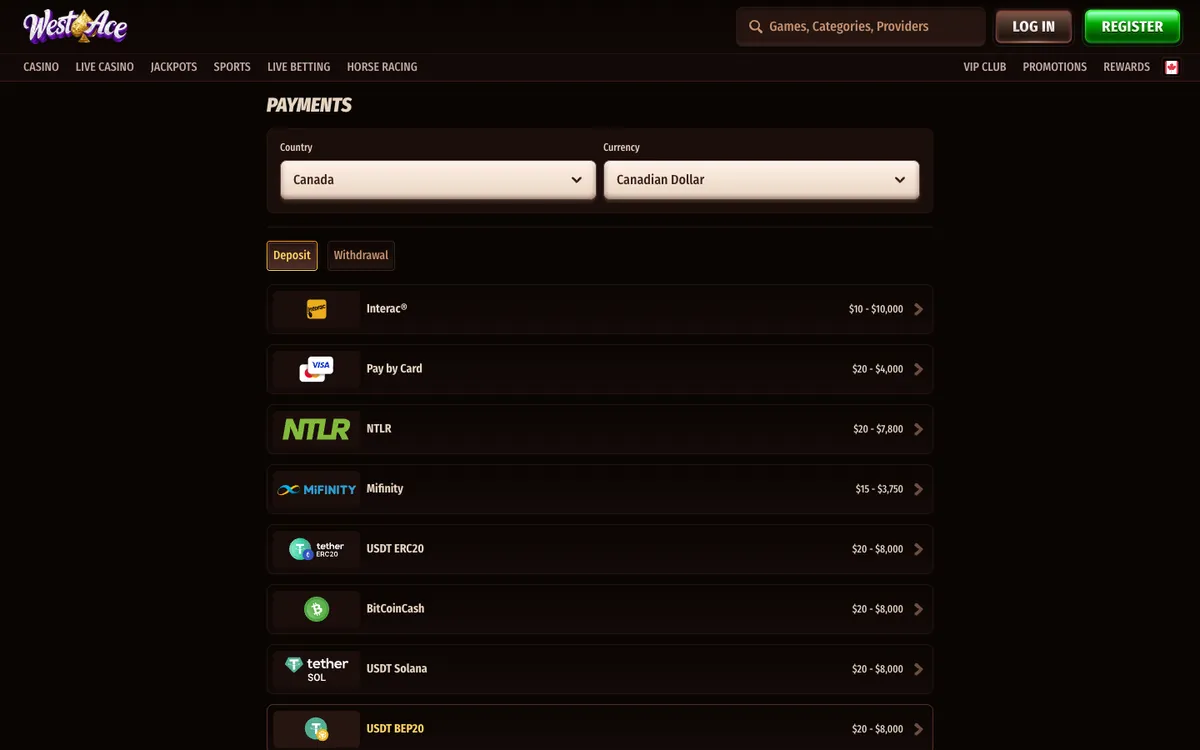 Westace Casino — Payments, captured from Canada
