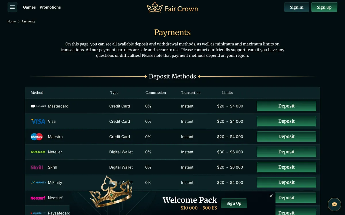 Fair Crown Casino — Payments, captured from New Zealand