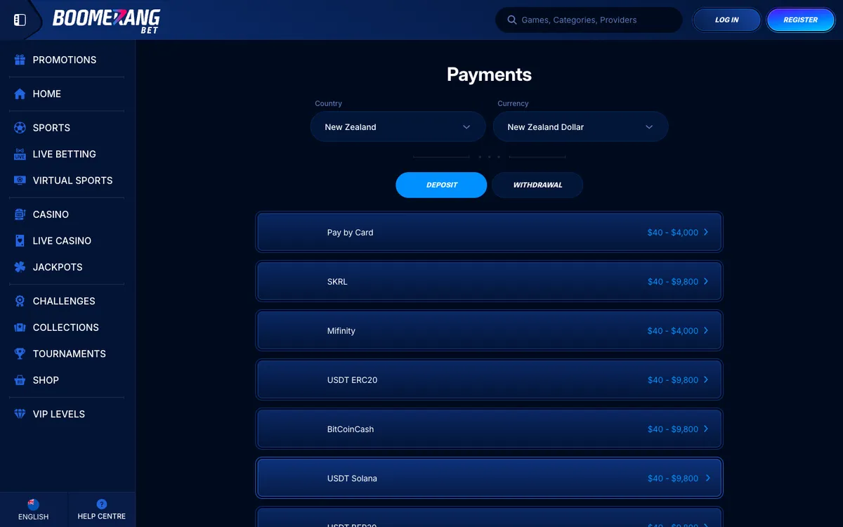 Boomerang-bet Casino — «Платежи», снято из страны Новая Зеландия