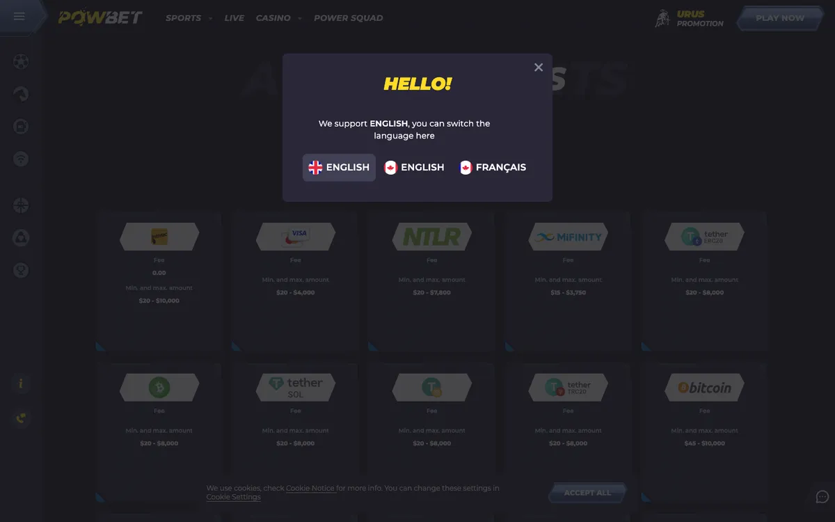 PowBet Casino — Payments, captured from Canada