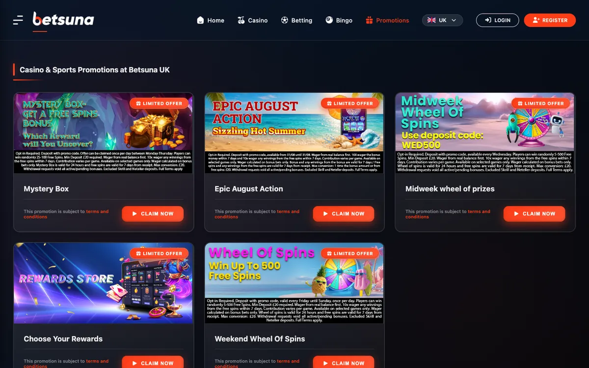 Betsuna Casino — «Акции», снято из страны Великобритания