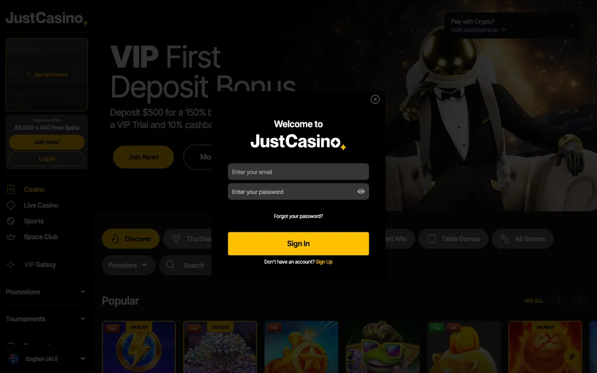 JustCasino — «Регистрация», снято из страны Австралия