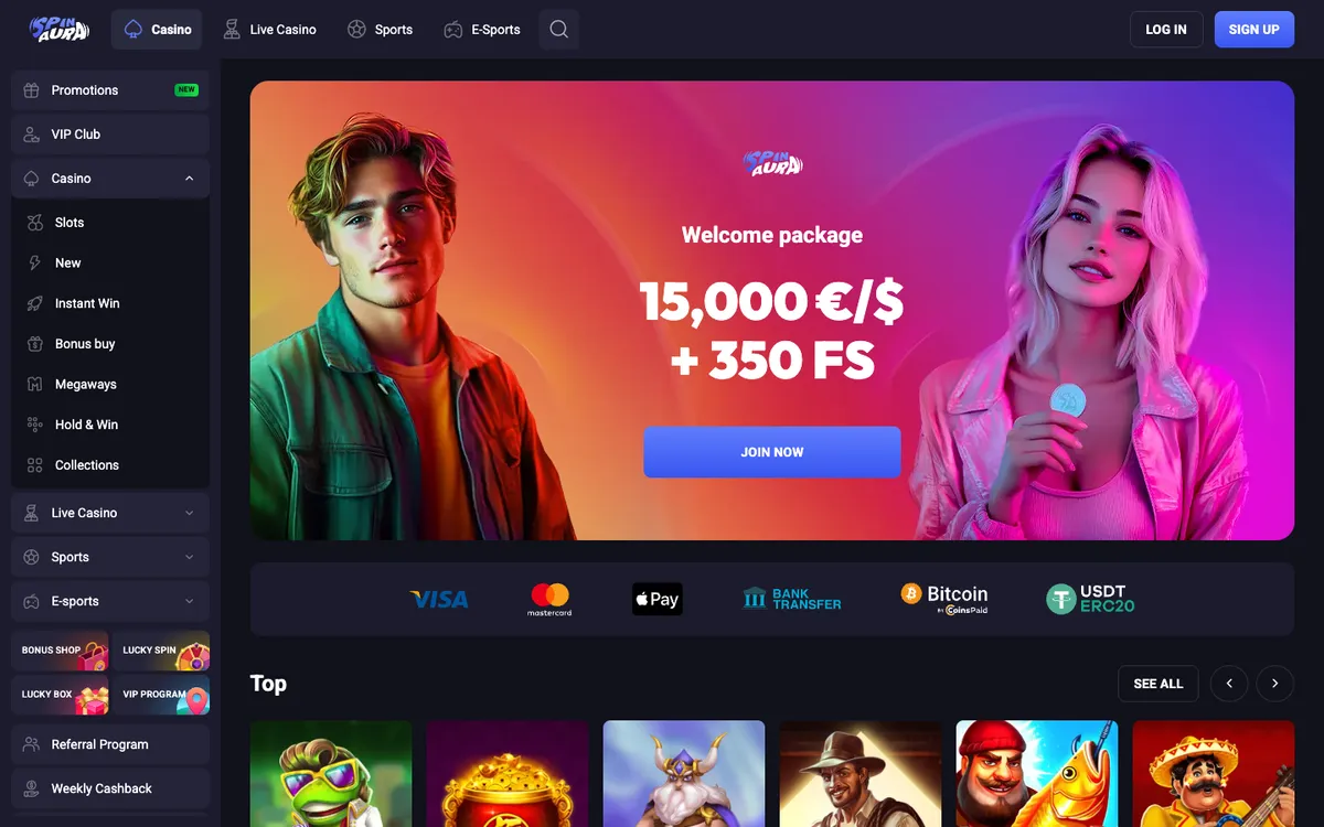 Spin Aura Casino — Home page, captured from Australia