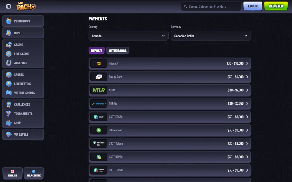 MrPacho Casino — Payments, captured from Canada