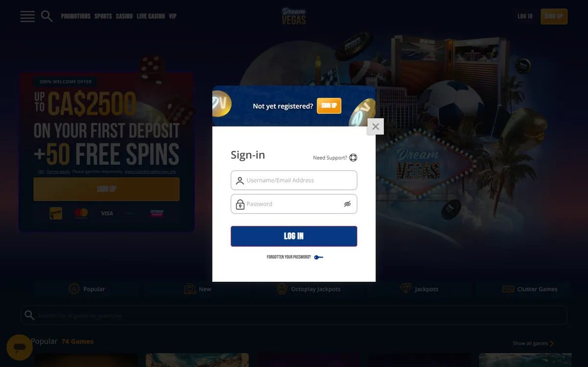 Dream Vegas Casino — Sign-up, captured from Canada