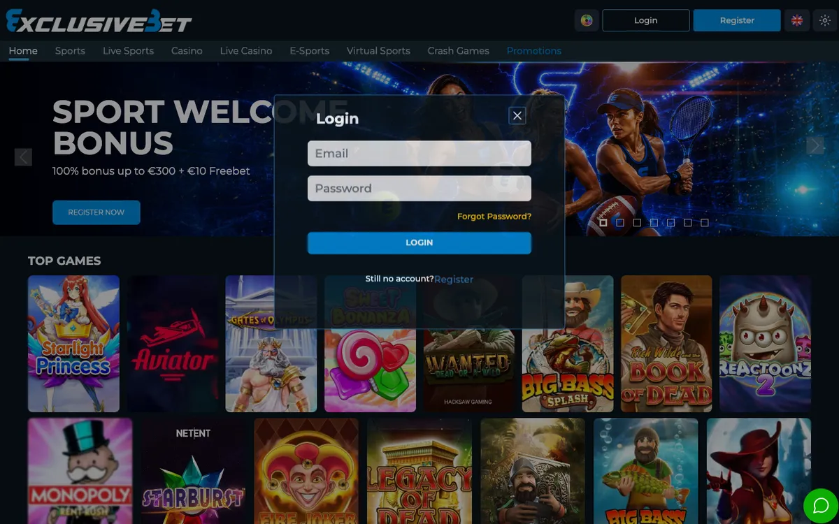 ExclusiveBet Casino — Sign-up, captured from Switzerland