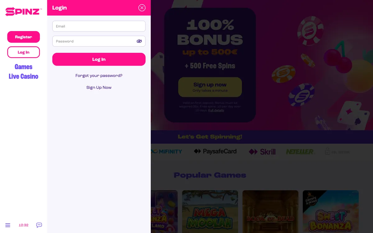 Spinz Casino — Sign-up, captured from Belgium