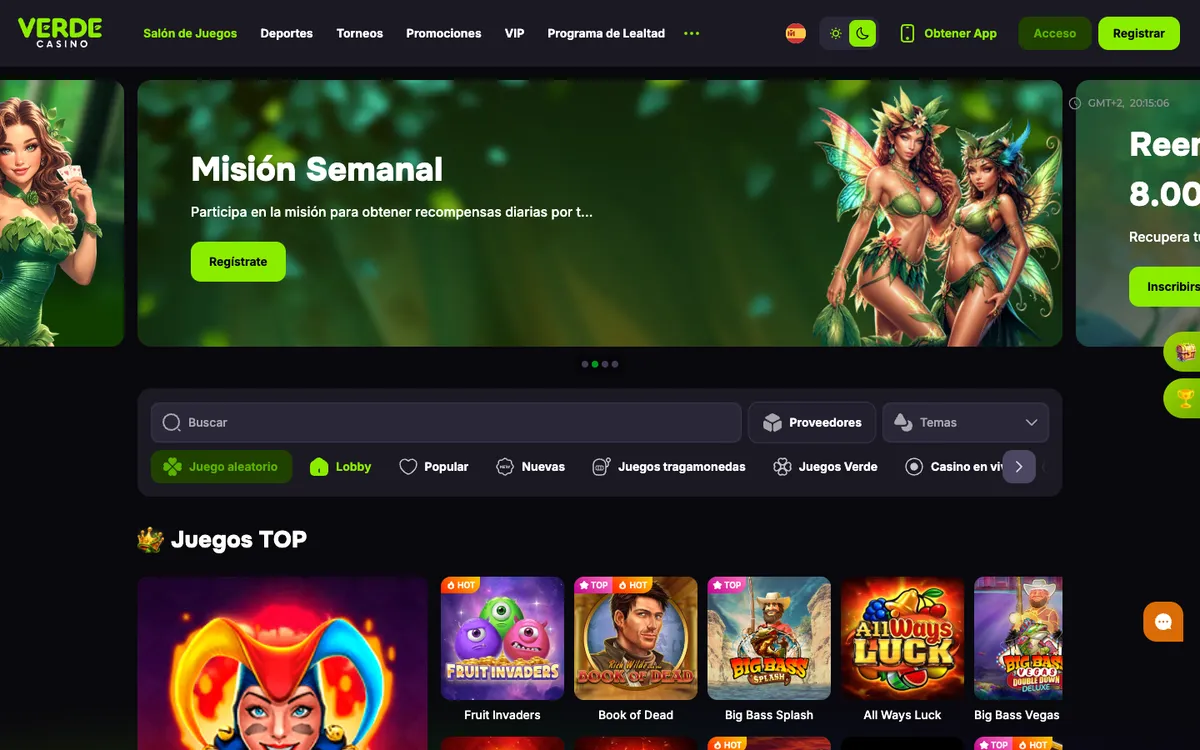 Verde Casino — Home page, captured from Colombia