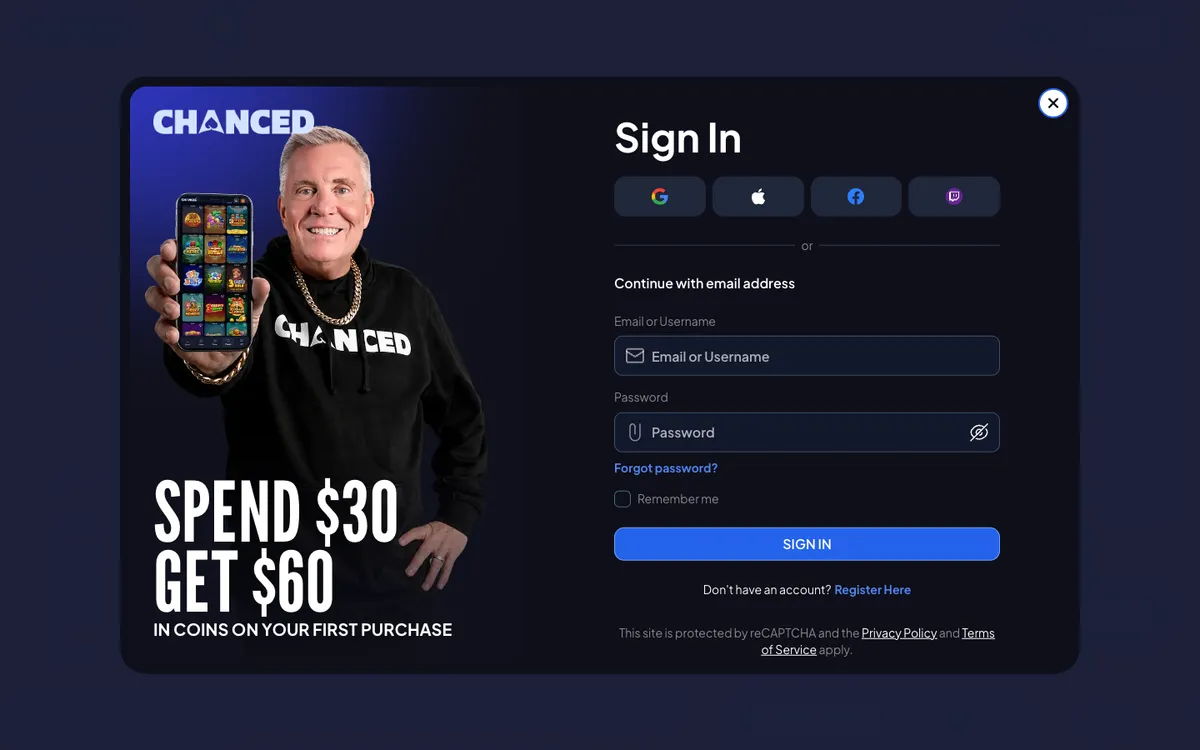 Chanced Casino — Sign-up, captured from United States