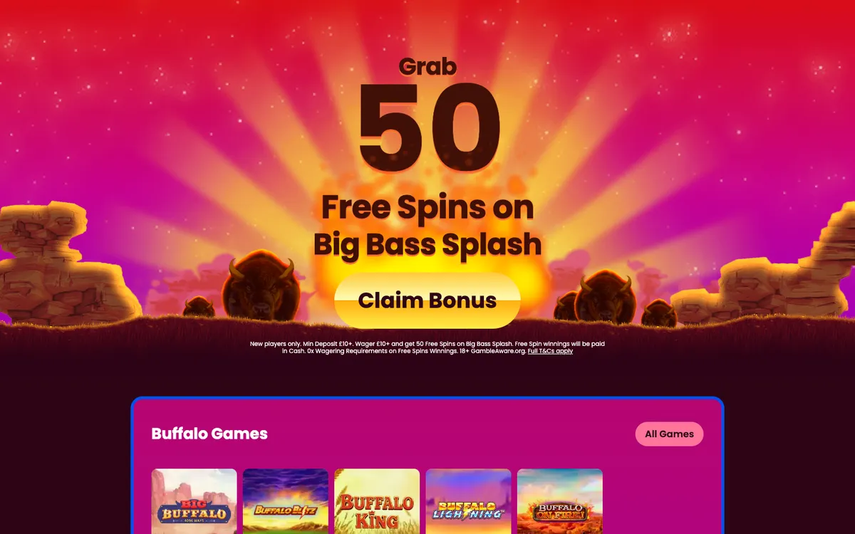 Buffalo Spins Casino — «Главная», снято из страны Великобритания