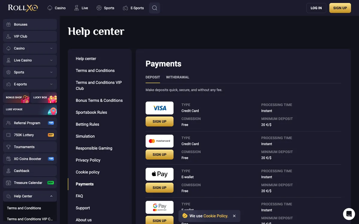 RollXO Casino — Payments, captured from Canada