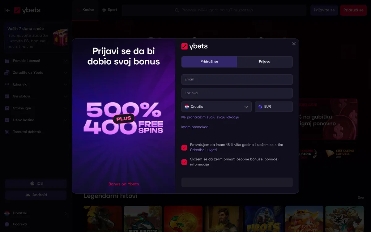 Ybets Casino — Home page, captured from Croatia