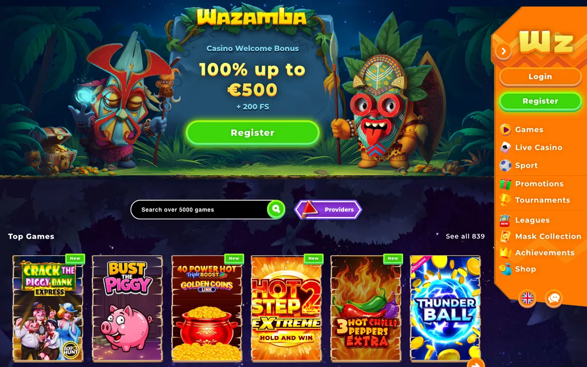 Wazamba Casino — Home page, captured from Nigeria