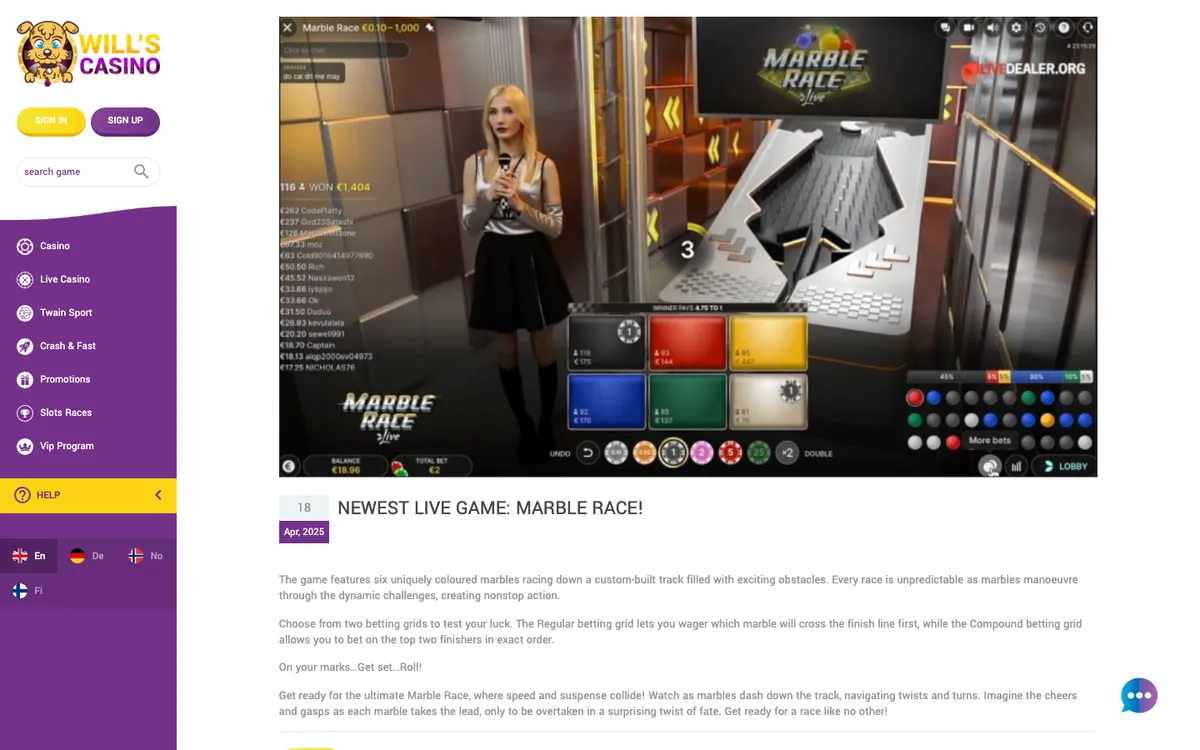 Will's Casino — Home page, captured from Austria
