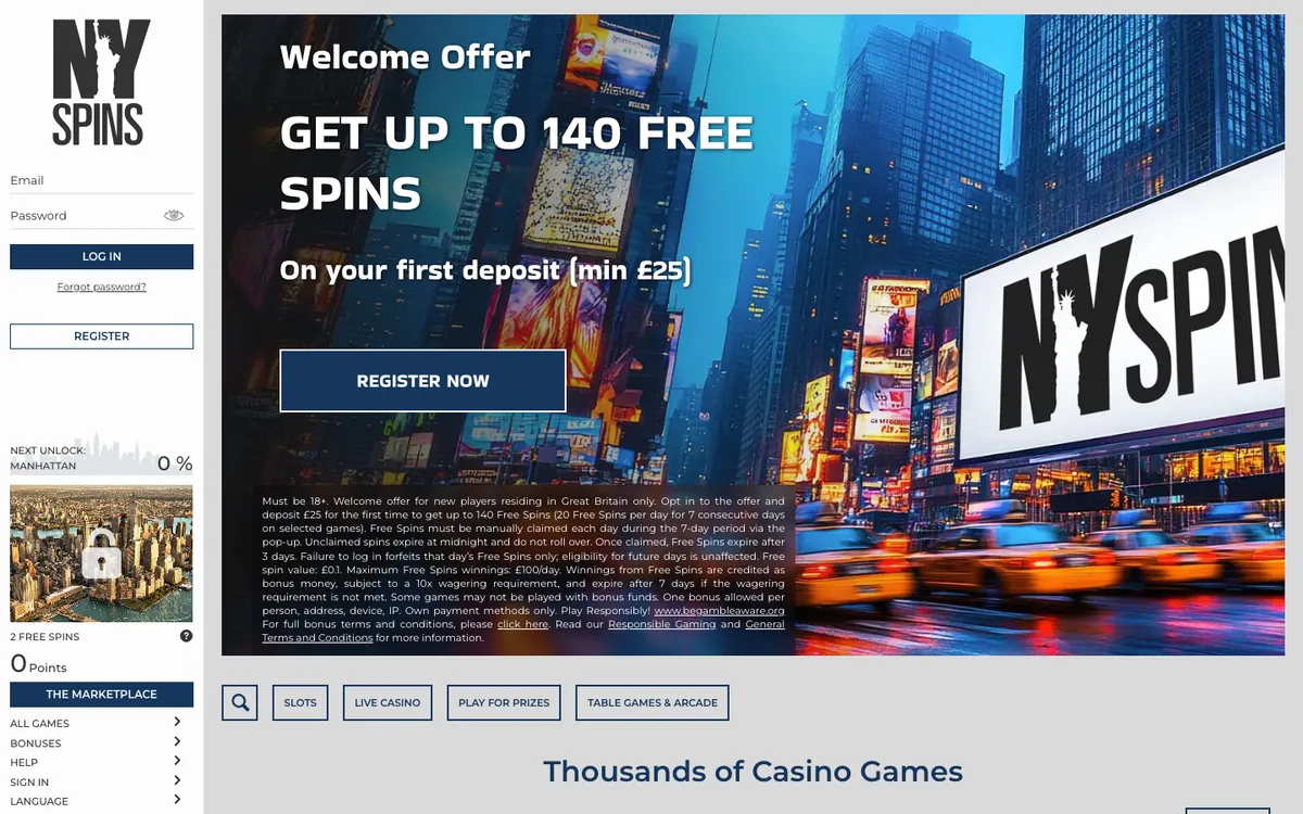 NYSpins Casino — Home page, captured from United Kingdom